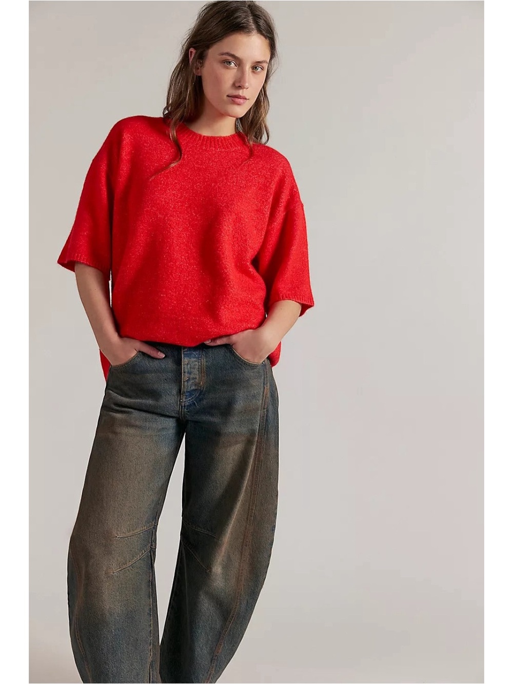 Free People Margot SoftSpun Preppy Crewneck Sweater Tee Pullover Cherry Pop XL